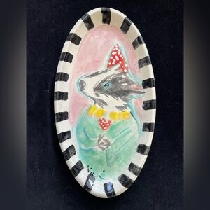 Handmade Ceramic Serving Tray” Party With Badger “ Design 11”x6” Original Design